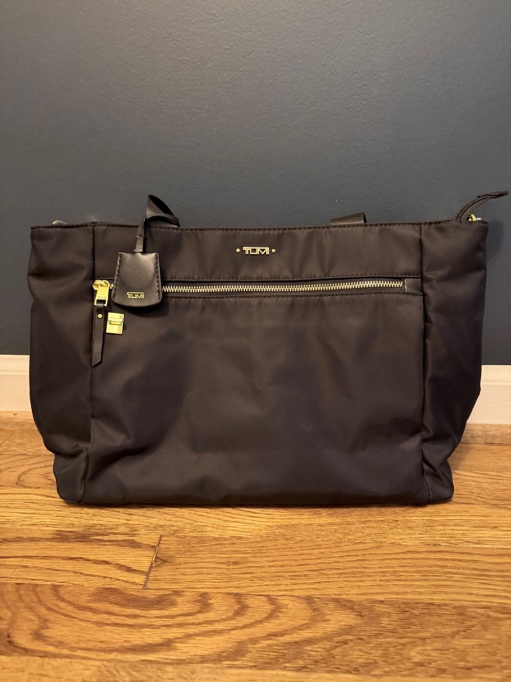 Tumi Black Nylon Tote with Gold Hardware Accents